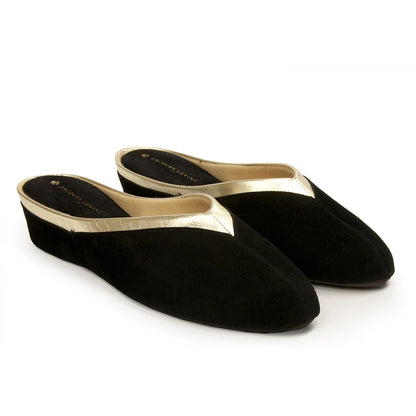 Black Suede Slipper with Gold Trim