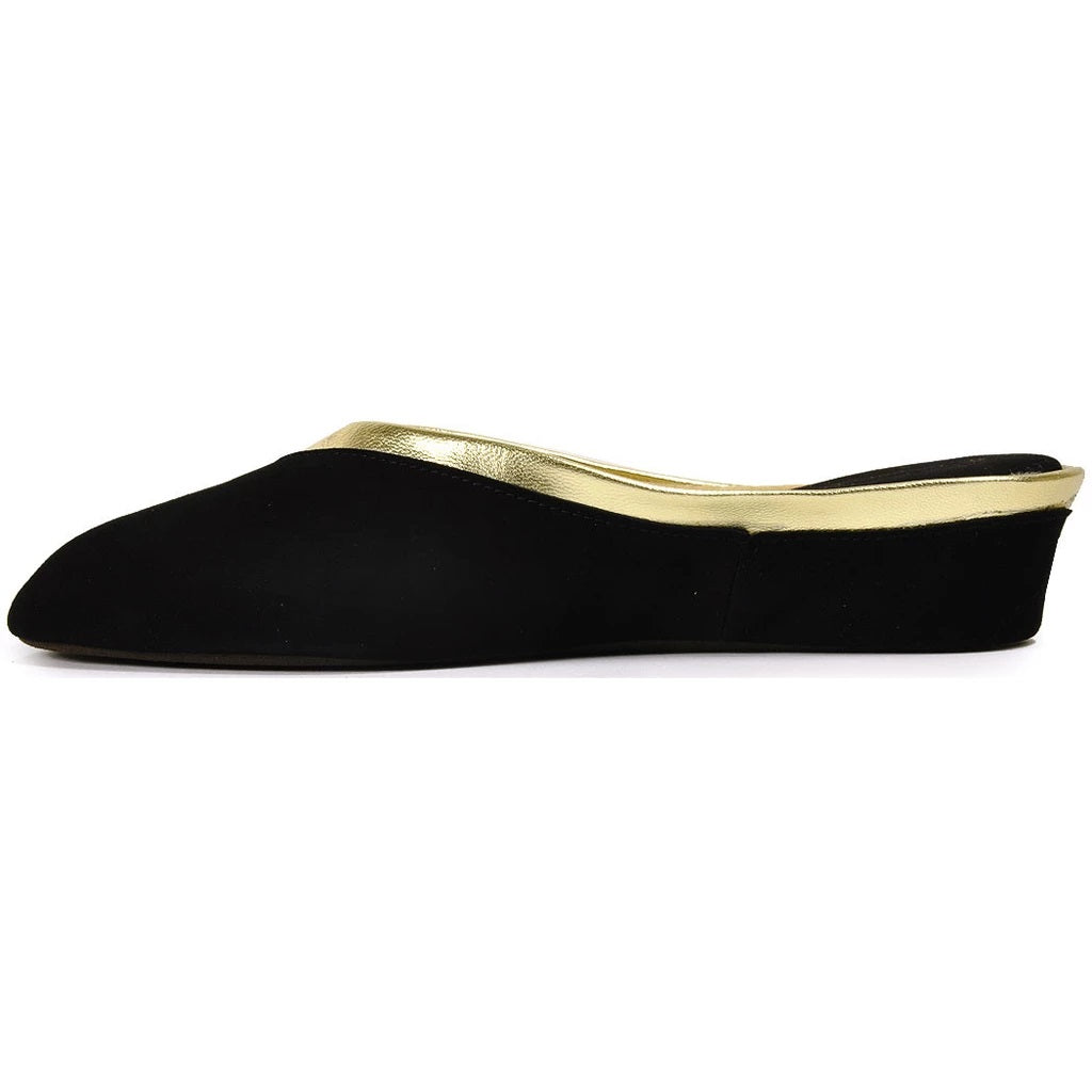 Black Suede Slipper with Gold Trim