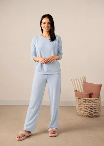 Cozy Wide Leg Pant/Crew Neck Set - Ice Blue